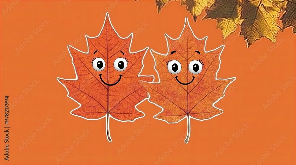 Two cheerful cartoon maple leaves on a vibrant orange background, radiating joy and autumn vibes. Two cheerful cartoon maple leaves on a vibrant orange background, radiating joy and autumn vibes.