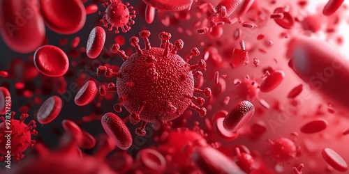 Close-up view of red blood cells and a virus, illustrating the microscopic world of pathogens and human health. photo