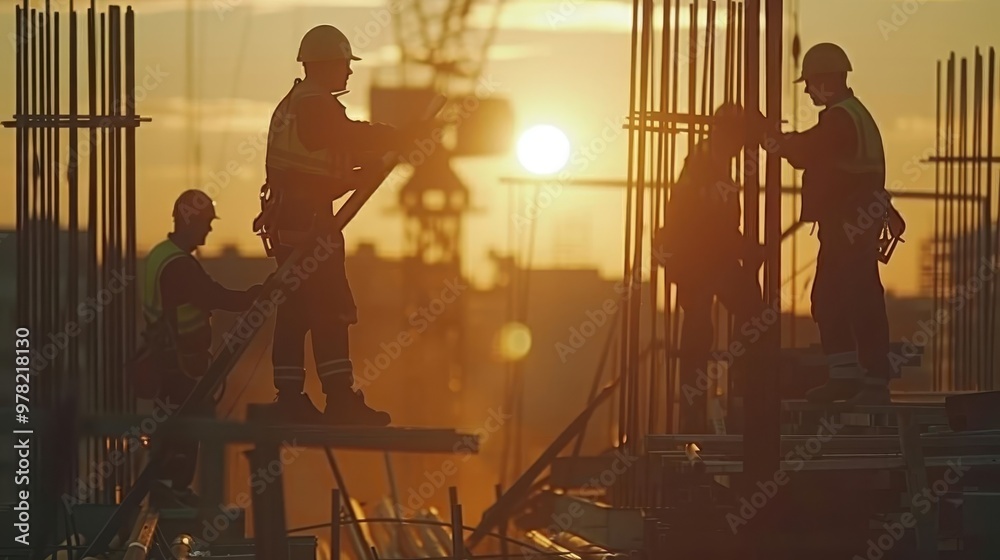 Silhouetted construction workers on a building site at sunset, showcasing teamwork and industrial progress in an urban setting. Silhouetted construction workers on a building site at sunset, showcasing teamwork and industrial progress in an urban setting.