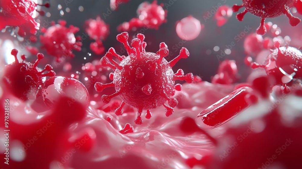 Close-up visualization of virus particles in a red liquid background, showcasing intricate details of pathogens and microscopy. Close-up visualization of virus particles in a red liquid background, showcasing intricate details of pathogens and microscopy.