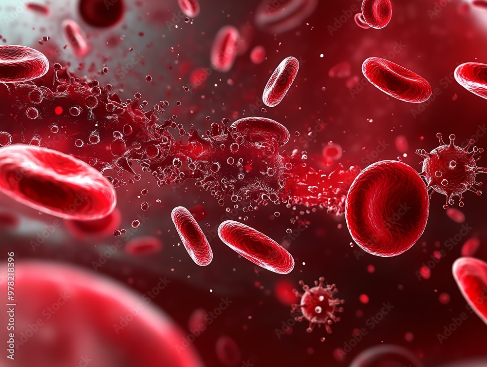 An intricate depiction of red blood cells in motion, highlighting their vital role in the human circulatory system. An intricate depiction of red blood cells in motion, highlighting their vital role in the human circulatory system.