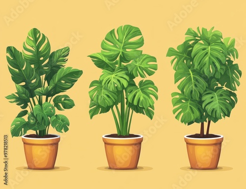 Tropical Plant Illustration with Green Leaves in Orange Pots