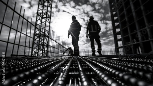 Wallpaper Mural Silhouetted construction workers stand on scaffolding at a building site, with a dramatic sky and steel structures in the background. Torontodigital.ca