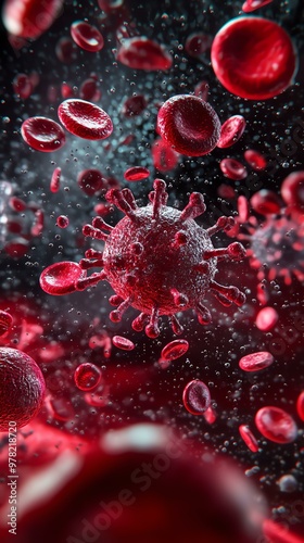 Microscopic view of virus among red blood cells, illustrating infection and immune response in a dramatic visual context. photo