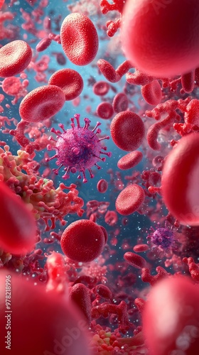 A vivid microscopic view of red blood cells and virus, illustrating the intricate dynamics of human blood and pathogens. photo