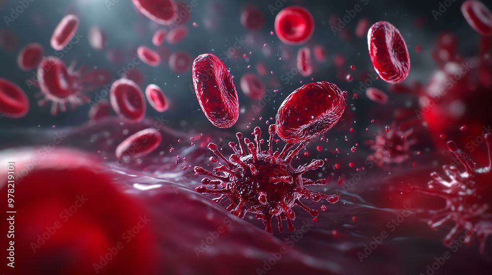 Fototapeta premium Microscopic view of red blood cells interacting with pathogens, showcasing the dynamic nature of blood and immune response.