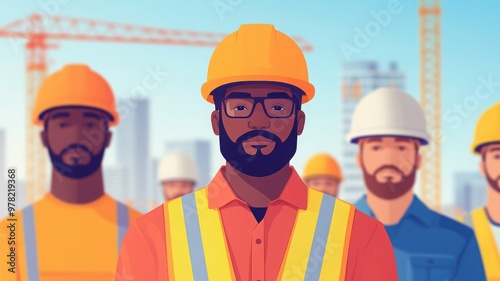 A confident construction worker leading a team, wearing safety gear and helmet, set against a backdrop of cranes and buildings.