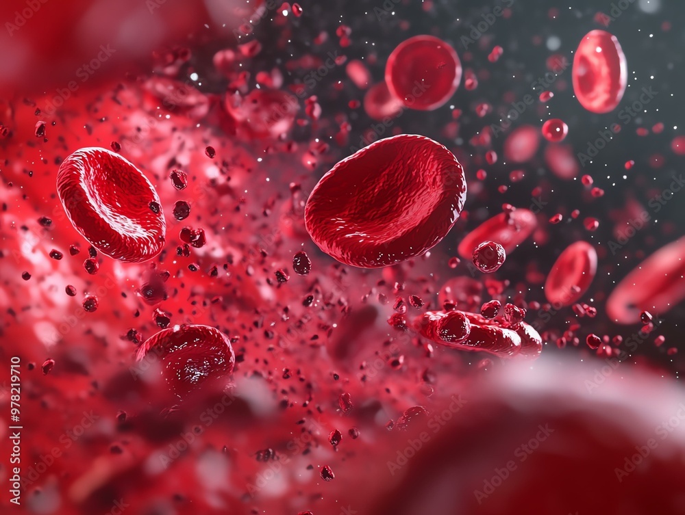 Close-up view of red blood cells floating in plasma, showcasing the intricate details and vibrant colors of human blood. Close-up view of red blood cells floating in plasma, showcasing the intricate details and vibrant colors of human blood.