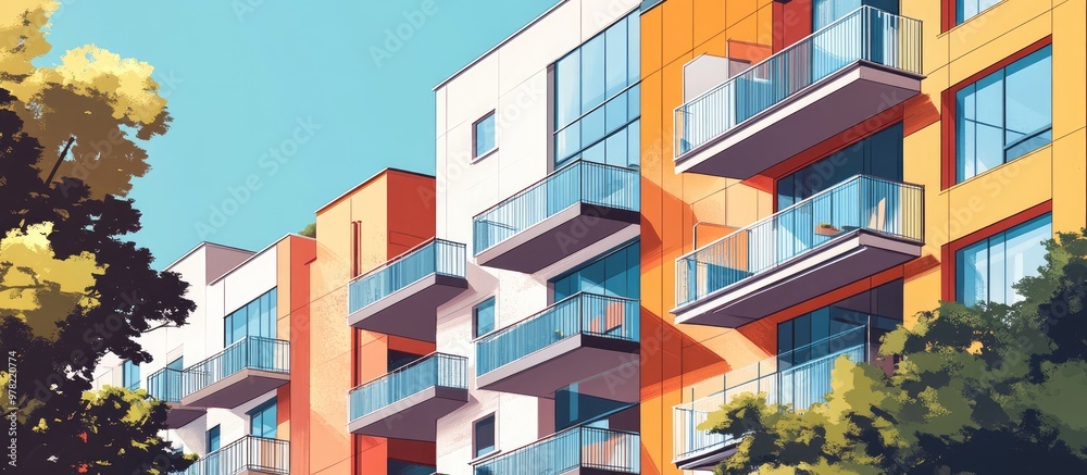 Modern apartment complex featuring elegant windows and balconies complemented by outdoor amenities Mixed media design Modern apartment complex featuring elegant windows and balconies complemented by outdoor amenities Mixed media design