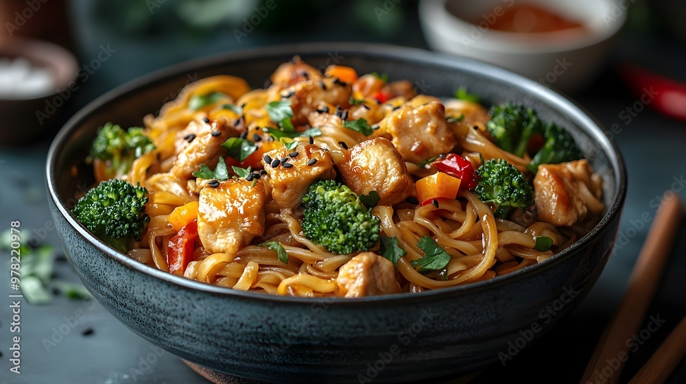 Delectable Thai Stir Fried Noodle Dish with Chicken and Vegetables in a Bowl Delectable Thai Stir Fried Noodle Dish with Chicken and Vegetables in a Bowl