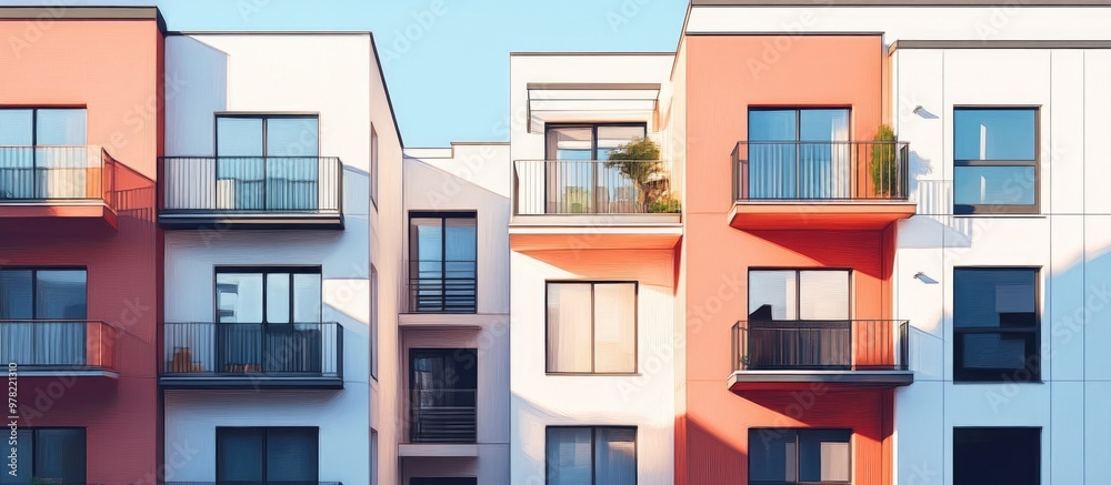 Modern apartment buildings featuring windows and balconies showcasing a contemporary architectural design with outdoor amenities Mixed media Modern apartment buildings featuring windows and balconies showcasing a contemporary architectural design with outdoor amenities Mixed media
