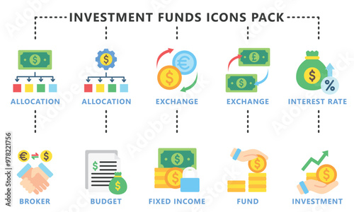 Investment Funds multi color icon set, contain exchange, money, budget, bonds, allocation, market and more. vector EPS 10. use for UI, UX, app and web development, financial and business theme. photo