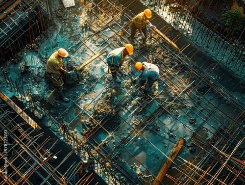 Aerial view of construction workers and builders wearing helmets and working on a building site with steel reinforcements and concrete. photo