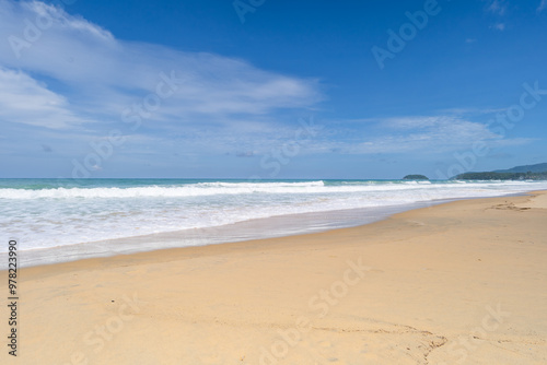 Beautiful tropical beach summer seascape,Amazing sandy beach and sea in sunny day,Blue sky in good weather day, Beach sea space area nature background