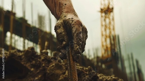 Close-up of a construction worker's muddy hand gripping a rod, with a building site and crane in the background. photo