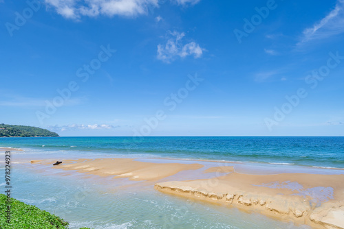 Fototapeta Naklejka Na Ścianę i Meble -  Beautiful tropical beach summer seascape,Amazing sandy beach and sea in sunny day,Blue sky in good weather day, Beach sea space area nature background