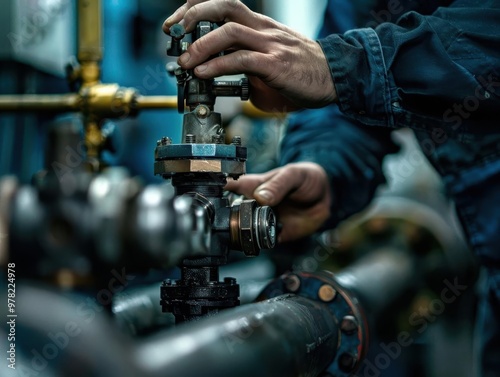 Close-up of technician's hands adjusting a valve in an industrial setting, showcasing engineering and maintenance work.