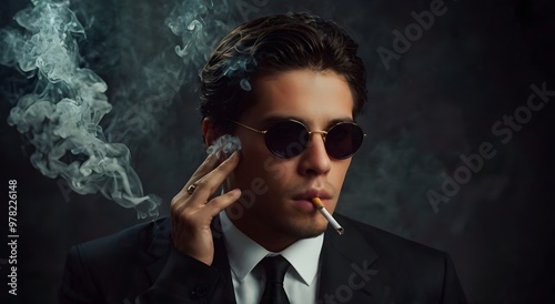 man wearing black suit and sunglasses smoking cigarette