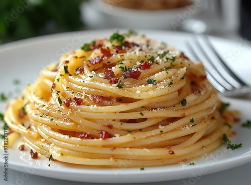 Saffron Spaghetti with Bacon and Parmesan in the Style of Caravaggio – High-Resolution Food Photography