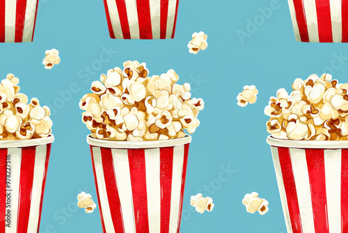 Popcorn red and white striped bucket seamless pattern on blue background.