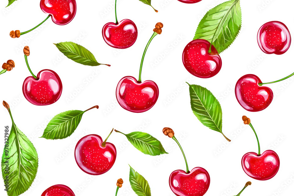 Seamless pattern of cherry fruit with green leaves on white background. Seamless pattern of cherry fruit with green leaves on white background.