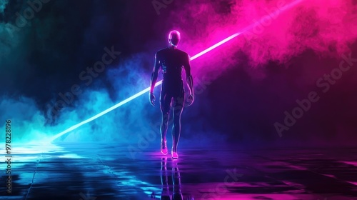 Futuristic sci fi abstract illustration featuring a vibrant neon light figure against a dark backdrop and a reflective concrete surface showcasing modern laser and grunge elements