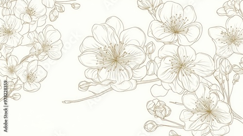 Sakura line art illustration featuring floral designs and cherry blossom outlines
