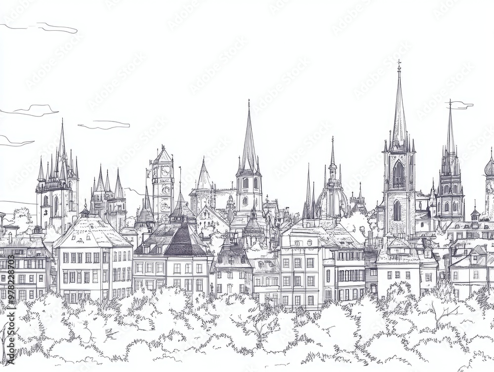 European city skyline in line art illustration European city skyline in line art illustration