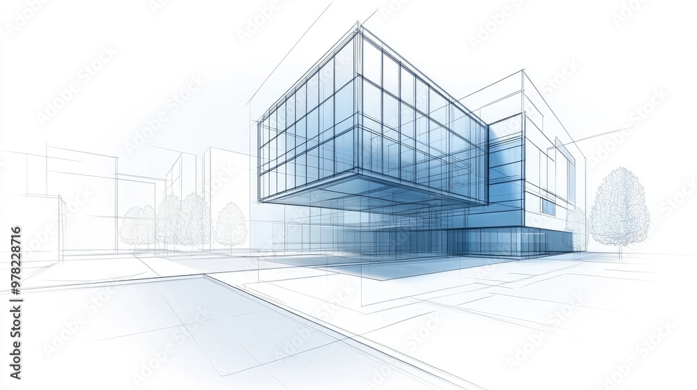 Line art depiction of architectural design featuring a conceptual sketch in three dimensional perspective Line art depiction of architectural design featuring a conceptual sketch in three dimensional perspective