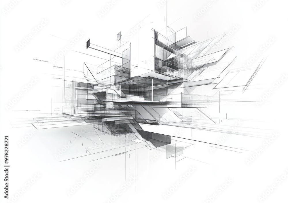Line art depiction of abstract architectural design in a three dimensional style Line art depiction of abstract architectural design in a three dimensional style