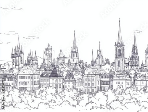 European city skyline in line art illustration