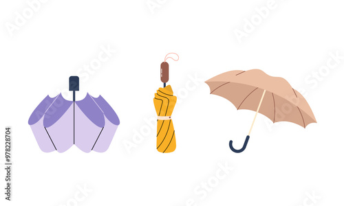 Umbrella logo, portable, collapsible devices designed to shield from rain or sunlight