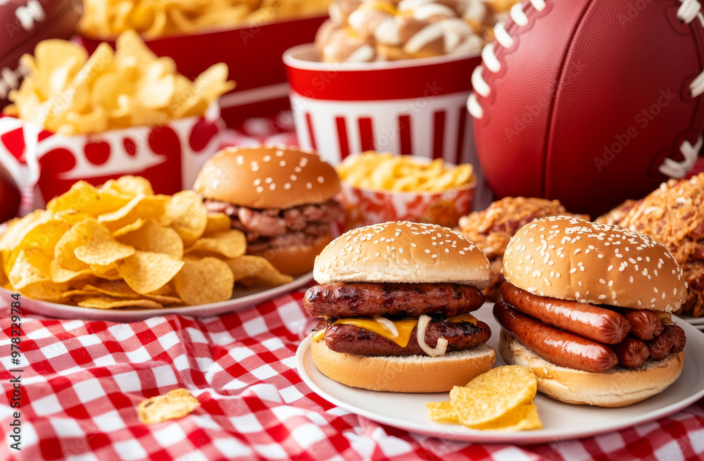 Delicious burgers and snacks are ready for football game tailgate party, featuring chips, hot dogs, and festive atmosphere. Delicious burgers and snacks are ready for football game tailgate party, featuring chips, hot dogs, and festive atmosphere.