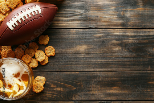 Close up of an American football, beer, and snacks on wooden table, perfect for game day. Enjoy excitement of sports with friends!