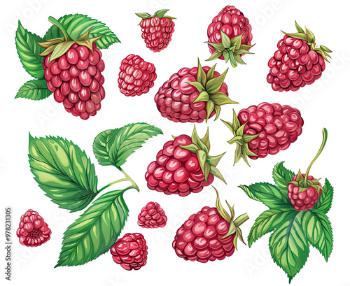 Ripe Raspberries with Green Leaves: Collection on Transparent Background, PNG