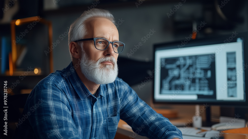 A thoughtful senior man with beard and glasses sits at desk, focused on his work in modern office environment. background features computer screen displaying technical drawings.