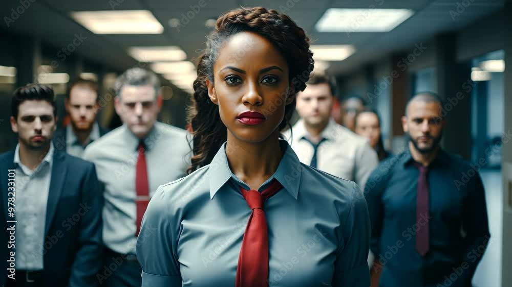 Gender Inequality in the Workplace concept. African-American woman in an office surrounded by men. Racial and sexist discrimination at work.