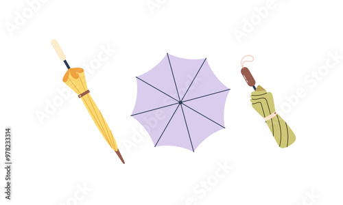 Umbrella logo, portable, collapsible devices designed to shield from rain or sunlight