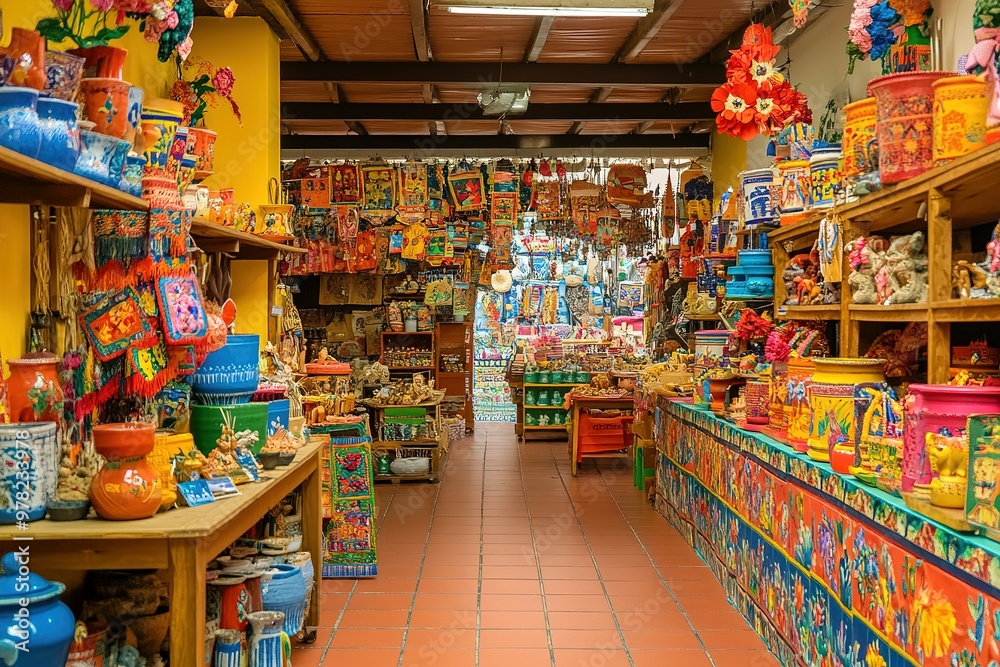 Artisan market with handmade crafts, cultural artifacts, and colorful decorations during a festival Artisan market with handmade crafts, cultural artifacts, and colorful decorations during a festival