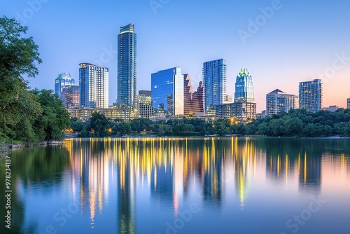 City skyline at dusk with towering skyscrapers and vibrant city lights reflecting on a river