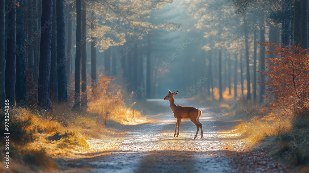 Fototapeta premium A serene deer stands on tranquil forest path, surrounded by tall trees and soft autumn light. peaceful atmosphere evokes sense of calm and connection with nature.