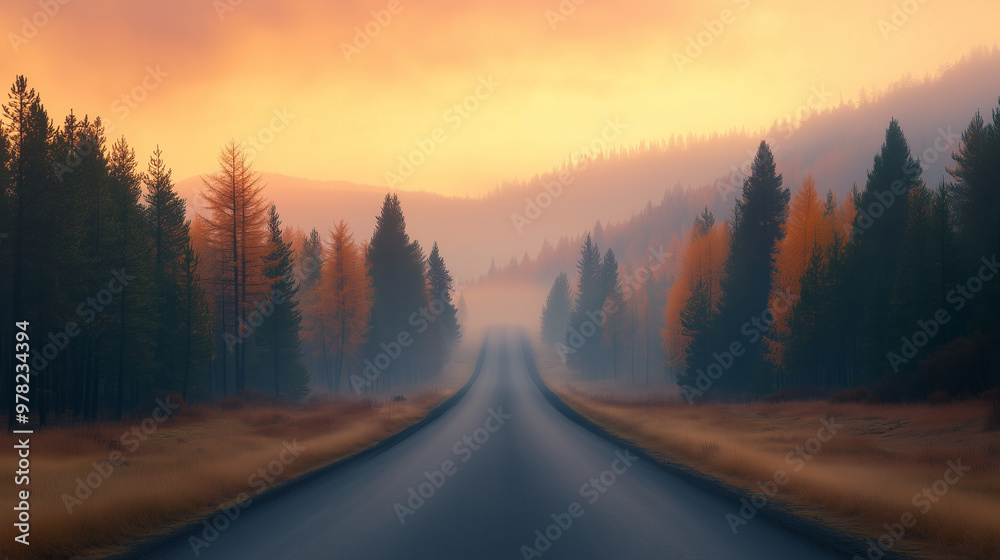 A serene road stretches through misty forest at dawn, surrounded by tall trees and vibrant autumn colors. soft light creates tranquil atmosphere, inviting exploration. A serene road stretches through misty forest at dawn, surrounded by tall trees and vibrant autumn colors. soft light creates tranquil atmosphere, inviting exploration.