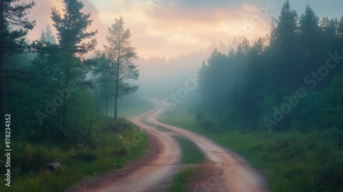 A winding road through misty forest creates serene and tranquil atmosphere, inviting exploration and reflection amidst natures beauty.