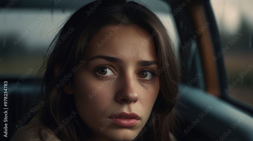 sad desperate anxious young brunette woman sitting in a car sad desperate anxious young brunette woman sitting in a car