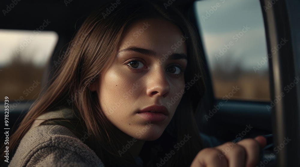 sad desperate anxious young brunette woman sitting in a car sad desperate anxious young brunette woman sitting in a car