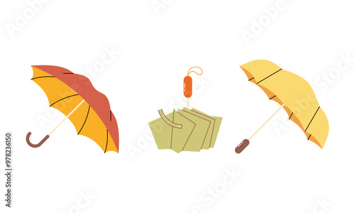 Umbrella logo, portable, collapsible devices designed to shield from rain or sunlight