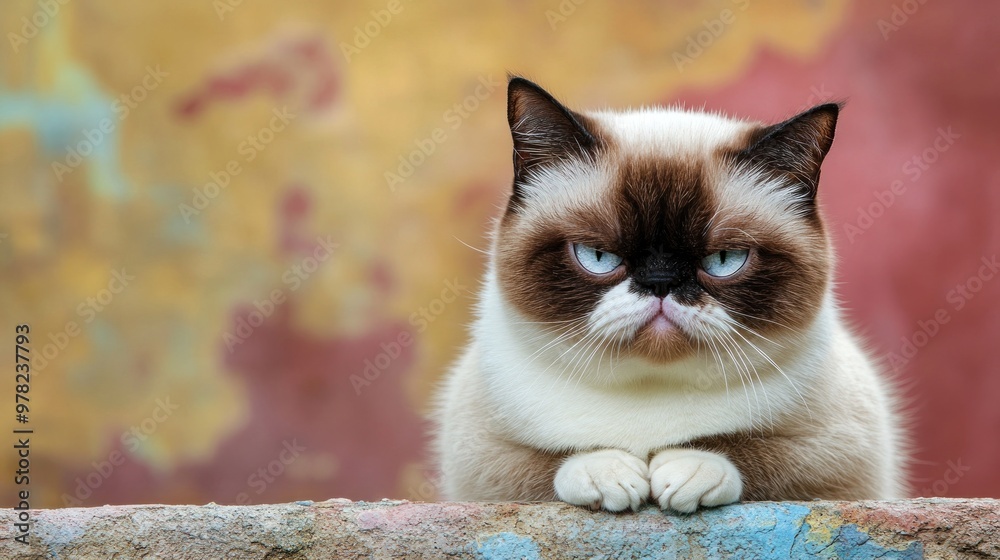 Fototapeta Grumpy Cat Portrait Against a Colorful Background