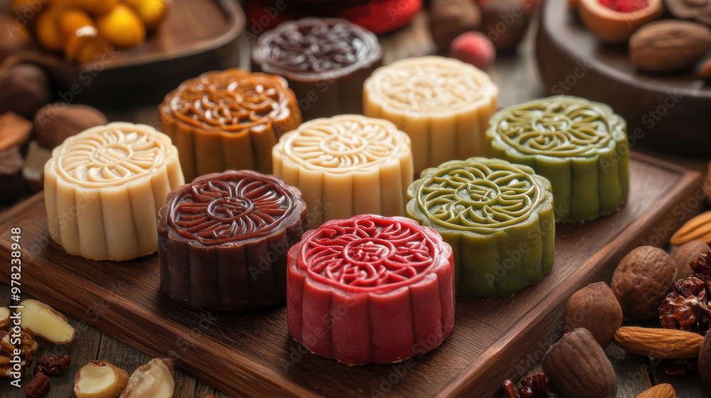 Delicious mooncakes made with mixed nuts and fruits, showcasing vibrant colors and intricate designs Delicious mooncakes made with mixed nuts and fruits, showcasing vibrant colors and intricate designs