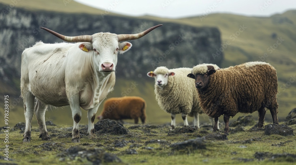 White Cow and Sheep Grazing in Icelandic Landscape White Cow and Sheep Grazing in Icelandic Landscape