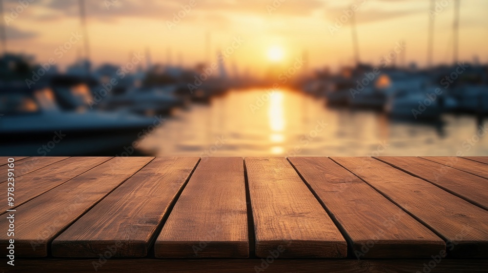 A serene sunset view over a marina, with a wooden table in the foreground. A serene sunset view over a marina, with a wooden table in the foreground.